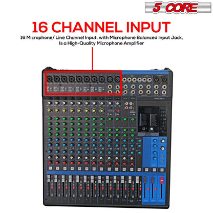 5Core Audio DJ Mixer 16 Channel Sound Board Console W 24 SPX Effect 48V Phantom Powe