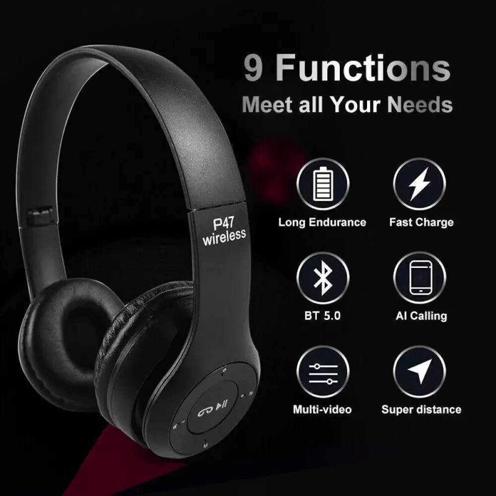 P47 Foldable Wireless Bluetooth Stereo FM Over Ear Headphones 5.0 EDR