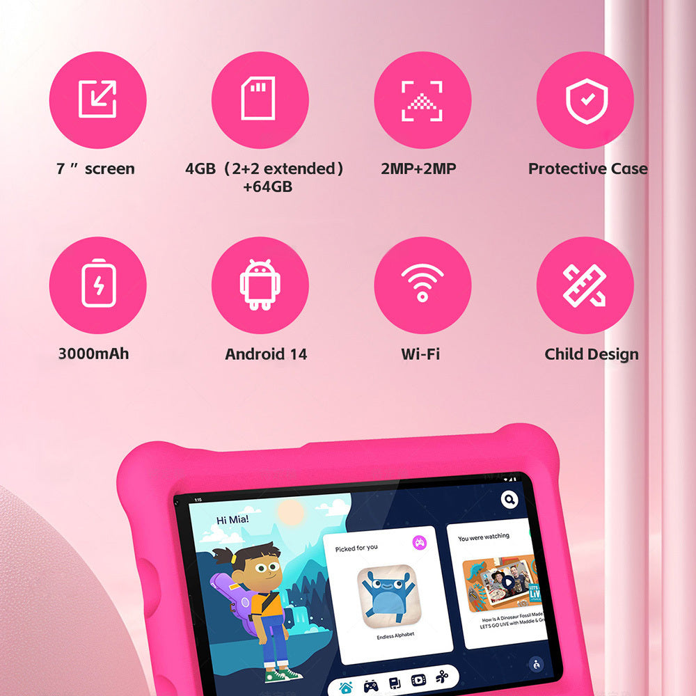 G-tab T7 Kids Tablet  7 Inch 1024&600 IPS Screen  Android 14  1.5GHz Quad-core CPU  4GB RAM 2GB &2GB Expansion 64GB ROM 2.4&5GHz WiFi  3000mAh Battery  2MP&2MP Camera-Pink