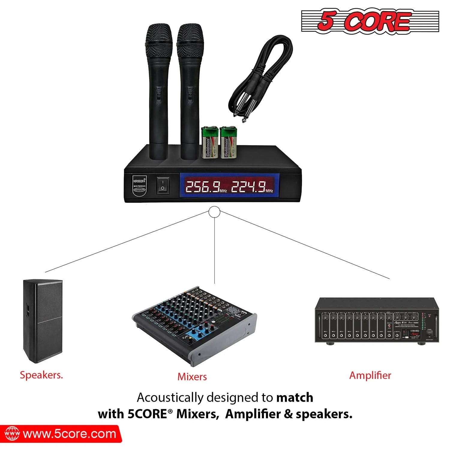 5Core Wireless Microphone VHF Fixed Dual Frequency Microfono Inalambrico 100FT Range